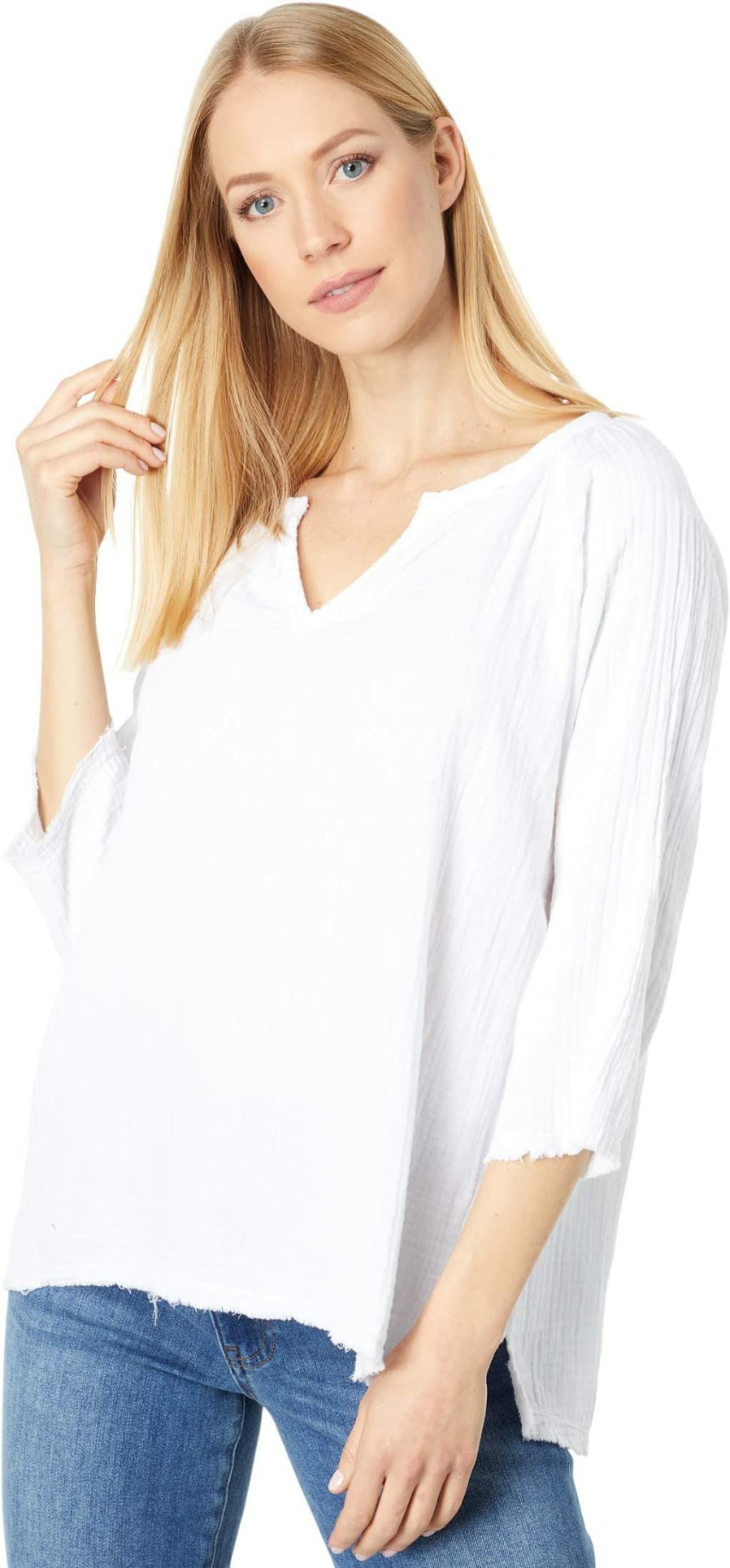 Shirts & Tops * | Mod-O-Doc Double Layer Gauze 3/4 Sleeve Split-Neck Tee