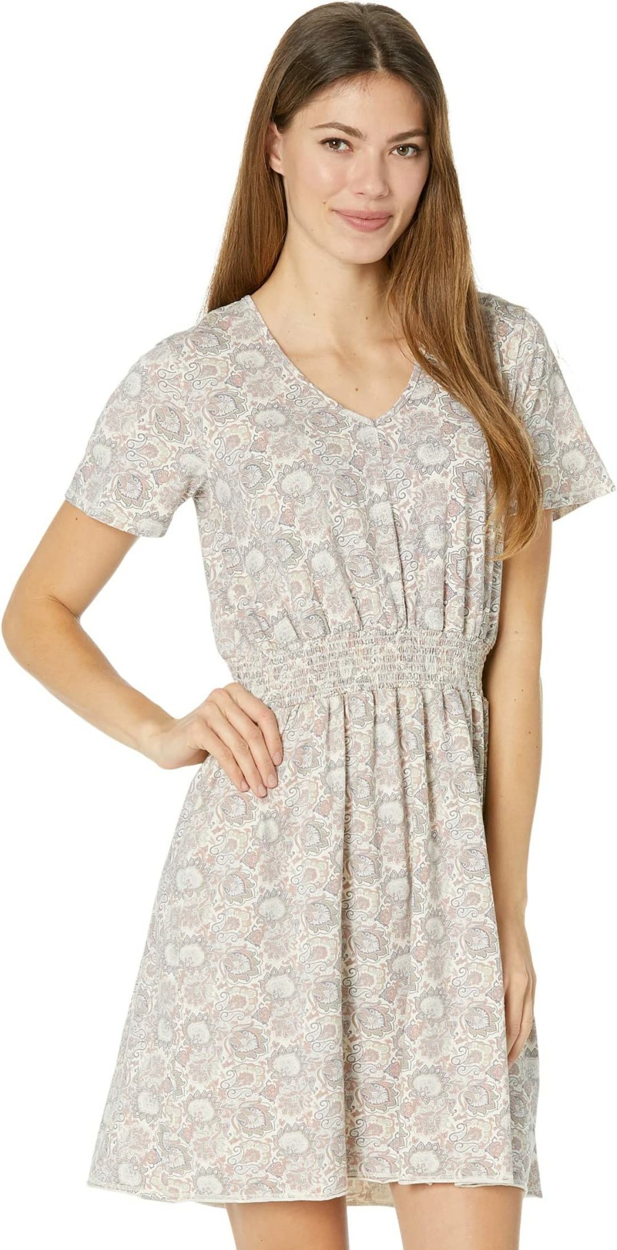 Dresses * | Mod-O-Doc Paisley Printed Jersey Short Sleeve V-Neck Smock Waist Dress