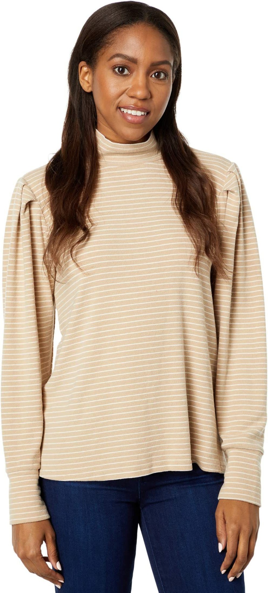 Shirts & Tops * | Mod-O-Doc Cozy Stripe Rib Long Puff Sleeve Turtleneck Top