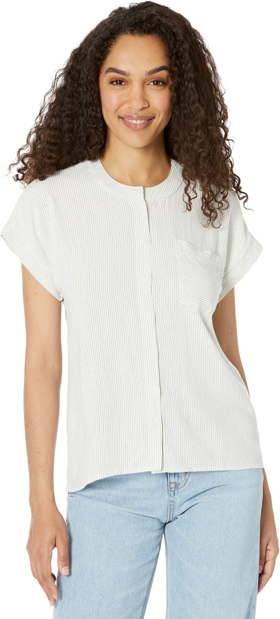 Shirts & Tops * | Mod-O-Doc Linen Blend Pinstripe Short Sleeve Hi-Low Pocket Blouse