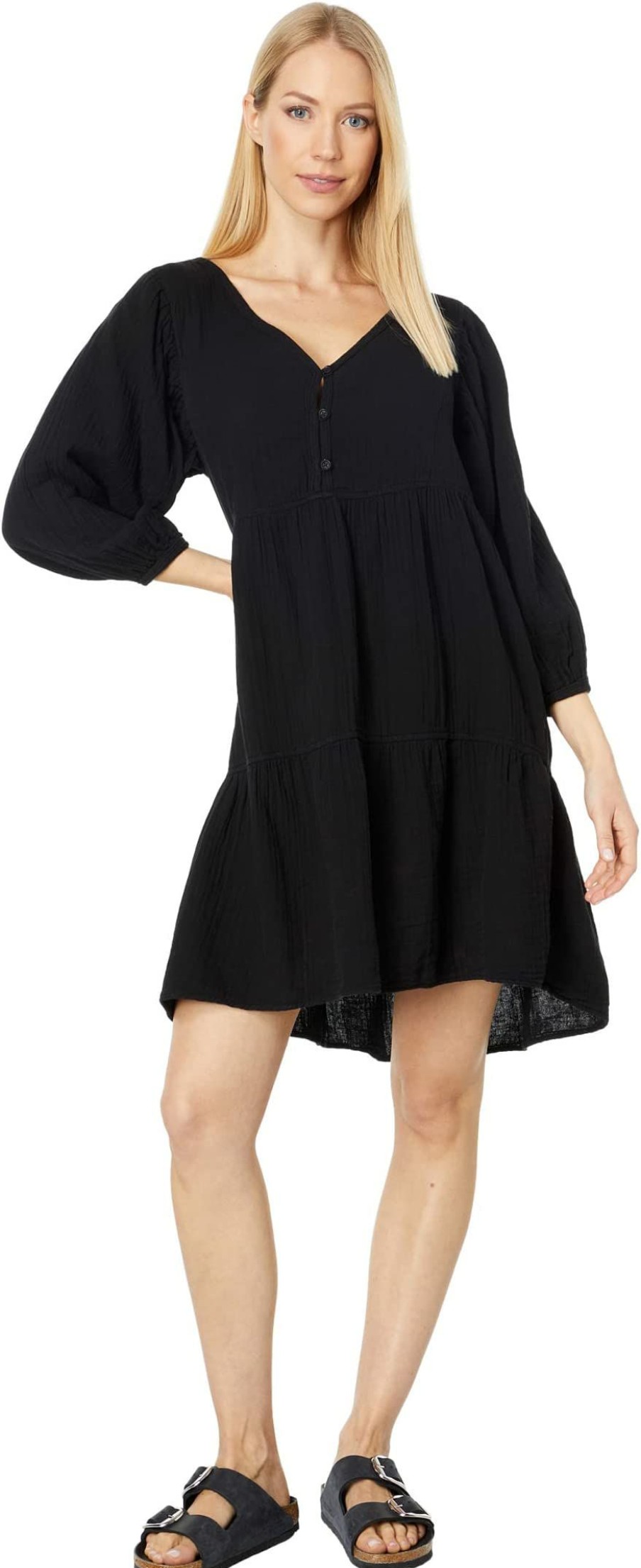 Dresses * | Mod-O-Doc Double Layer Gauze 3/4 Sleeve Boho Tiered Dress