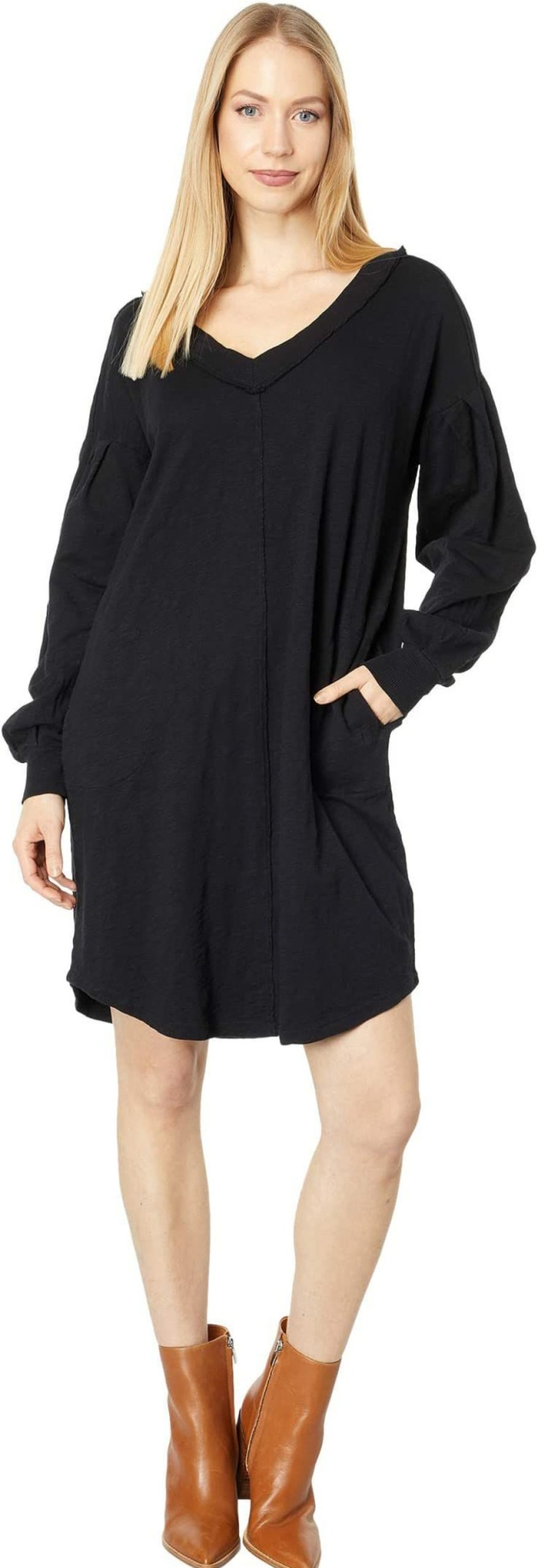 Dresses * | Mod-O-Doc Slub Jersey Long Pleated Sleeves V-Neck Dress