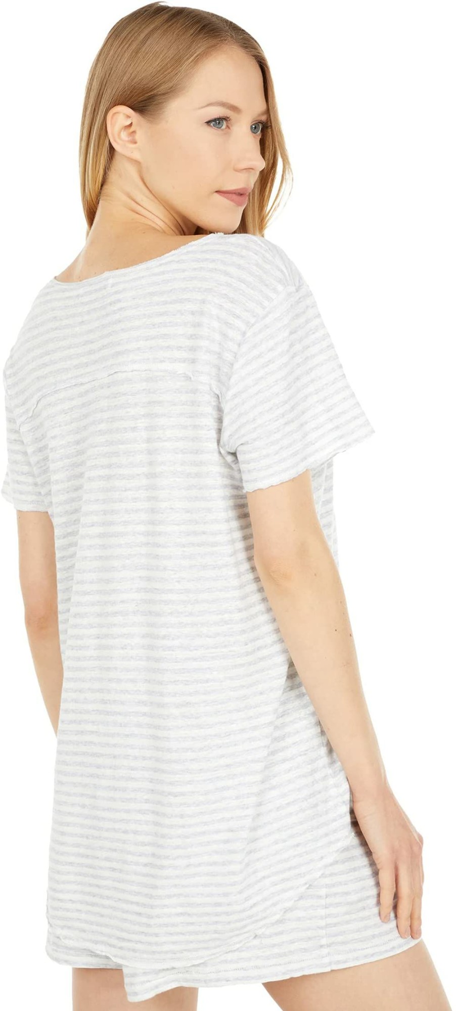 Shirts & Tops * | Mod-O-Doc Cotton Linen Stripe Short Sleeve Raw Edge V-Neck Tee