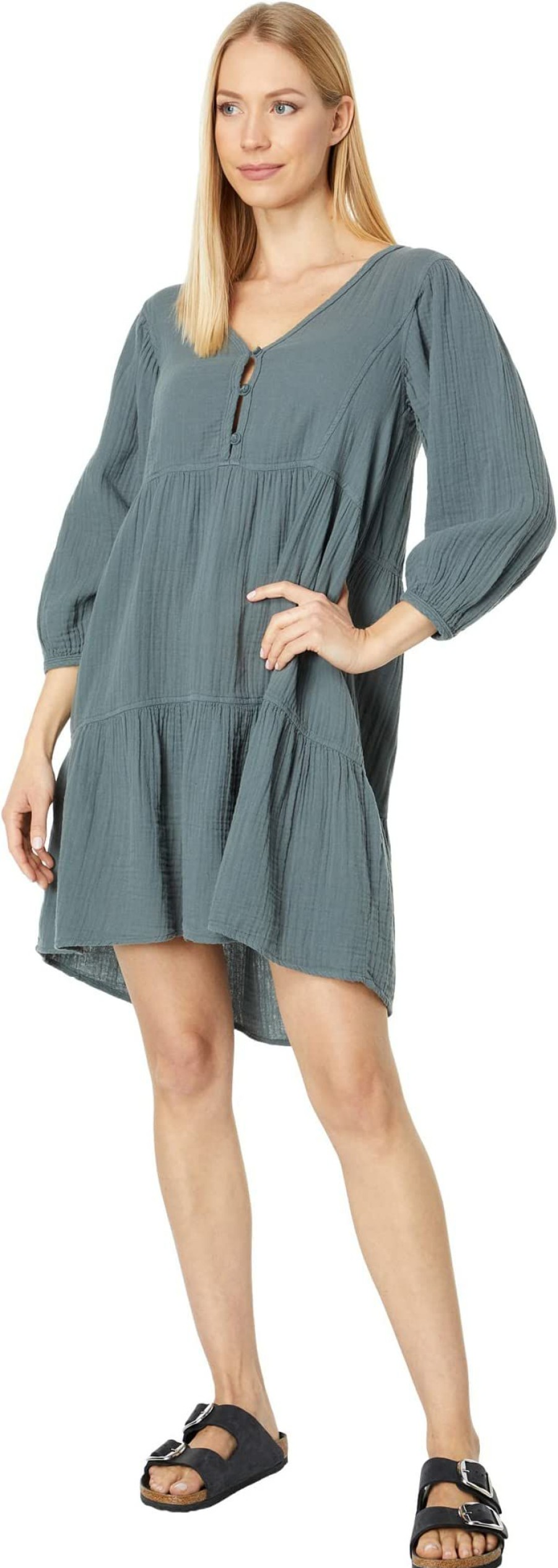 Dresses * | Mod-O-Doc Double Layer Gauze 3/4 Sleeve Boho Tiered Dress