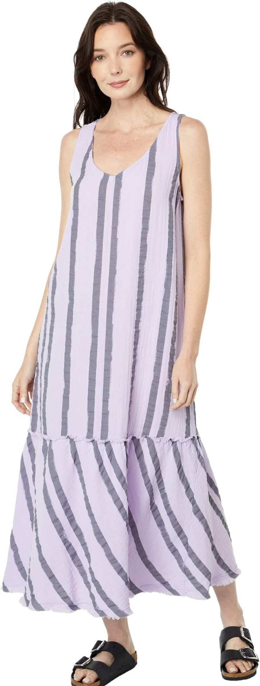 Dresses * | Mod-O-Doc Vertical Stripe Gauze Tank Dress With Ruffle Hem