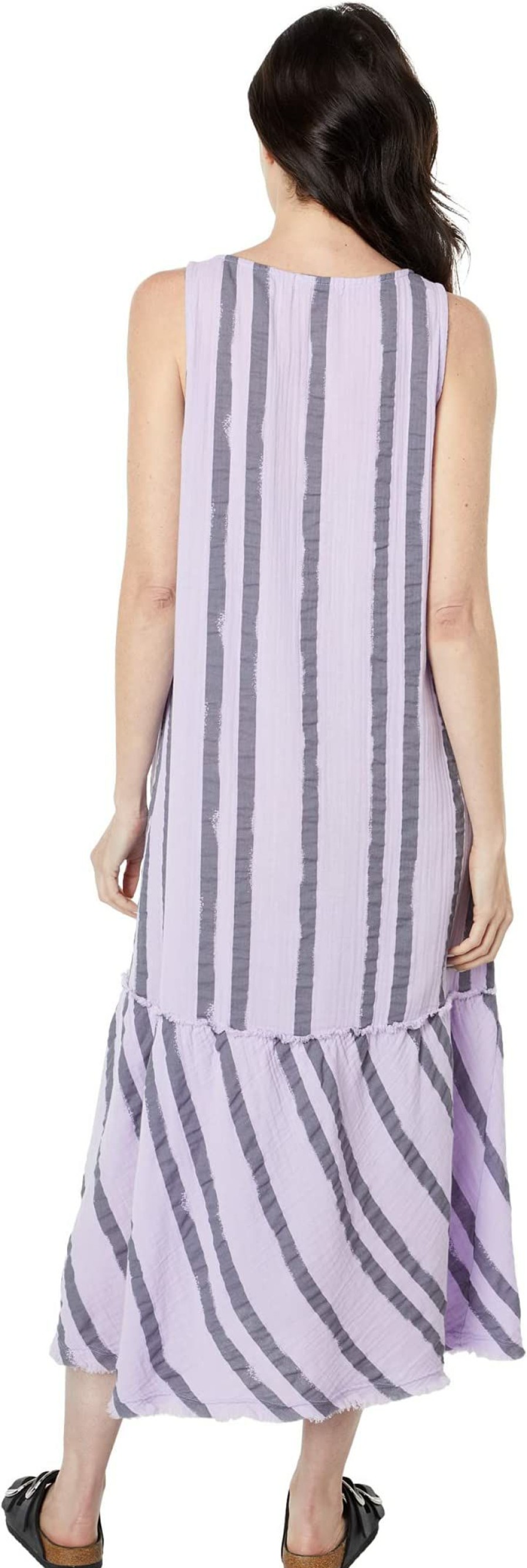 Dresses * | Mod-O-Doc Vertical Stripe Gauze Tank Dress With Ruffle Hem